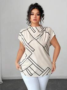Elenzga Plus Size Women's Summer Asymmetrical Stripe Geometric Print Casual Sleeveless Stand Collar Loose Shirt Women Summer Clothing Summer Clothes Women Clothes Tops For Women Elegant Women Summer Shirts Women Plus Clothing Formal Women Plus Clothing Business Casual Tops For Women Women Blouses Elegant Shirts For Women Elegant - Apricot - View 5