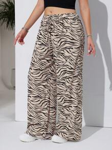 SHEIN EZwear Quần ống đứng sọc ngựa vằn cỡ lớn thông thường - Màu Khaki - Xem 8