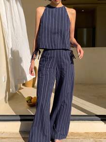 DAZY 2 Pieces Striped Crew Neck Halter Top & Wide Leg Pants Set For Women Vacation Outfits Women - Blue - View 7