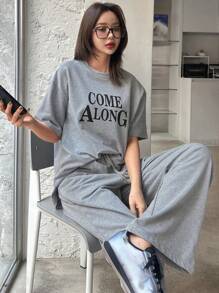 DAZY 2pcs/Set Women Letter Print T-Shirt & Sweatpants - Grey - View 5
