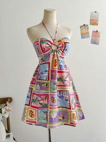 Soleia 女士度假多色海景印花露背领抽绳镂空腰波西米亚风格撞色沙滩裙，适合派对、度假、音乐节、节日约会、下午茶、海滩 - 彩色 - 查看 7