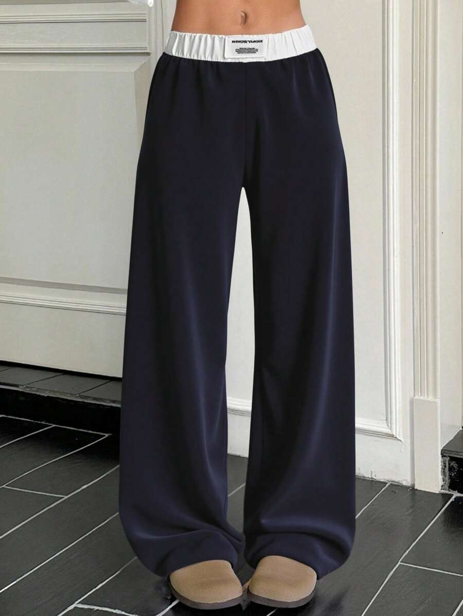 SHEIN 青少年女孩返校色块腰带阔腿宽松休闲简约舒适中腰运动裤，适合街头、校园、运动、家居穿着