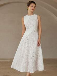 GENKIRA Robe longue élégante de haute qualité au design simple, de couleur unie, avec encolure ronde, à la taille, avec patchwork en dentelle, sans manches et à ourlet en forme de A pour femmes - Blanc - Voir 1