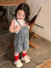 Dazy Kids 女童休闲宽松破洞牛仔背带裤，可爱夏季 - 淺灰色 - 查看 5