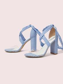 CUCCOO DOLLMOD 女士时尚优雅通勤休闲度假混色撞色绑带格纹面料粗跟蓝色罗马凉鞋 - 藍色 - 查看 9