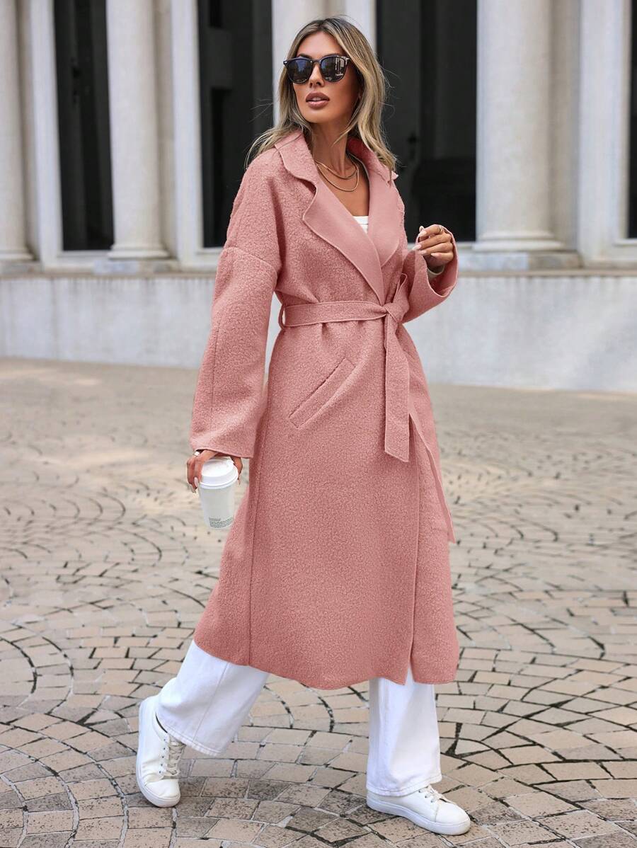 EURMUSE Ladies' Patchwork Tie Belted Woolen Coat - Baby Pink - View 1