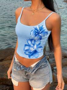 SHEIN EZwear Retro Style Vacation Tropical Cream Blue Floral Placement Print Sexy Racerback Tank Top, Suitable For Summer Suitable For Going Out