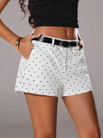 TRNVIE Summer Casual & Commuting Women's Low-Waist Black & White Polka Dot Slant Pocket Belt Decor Loose Fit Commuter Suit Shorts