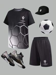 SHEIN Tween Jungen Sport Set mit 2 Teilen: Kurzarm T-Shirt mit Fußball Grafik und Shorts