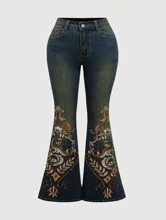 Jeans skinny a zampa con ricami floreali in stile boho vintage hippie, adatti per concerti estivi e festival, taglia comoda