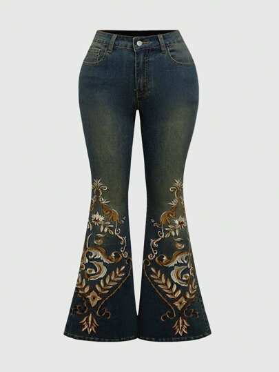 Große Größen Boho Vintage Hippie bestickte Blumen Skinny Flare Stretch Jeans, geeignet für Sommer Konzerte/Festivals