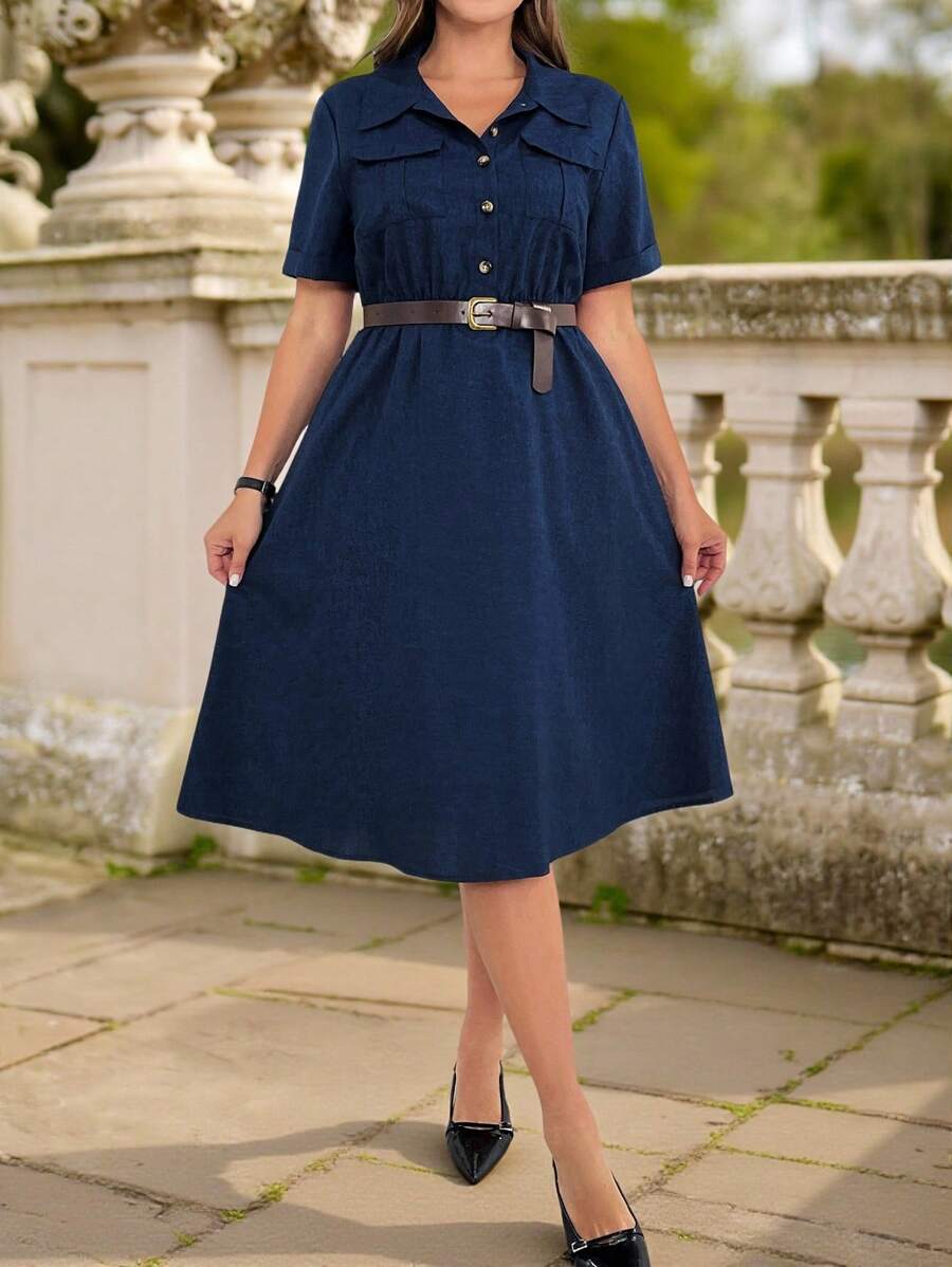 Vintamour Vestido de manga corta, cuello de camisa, talla grande, estilo vintage, elegante, con bolsillos, borde de paraguas y cinturón de cintura, para uso casual en primavera y verano, vestido para el Día de la Madre