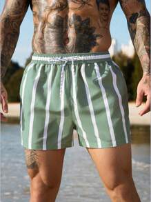 Surfspeed Men's Summer Vacation Style Striped Print Drawstring Waist Slant Pocket Beach Shorts, Hawaiian Men Beach Outfits