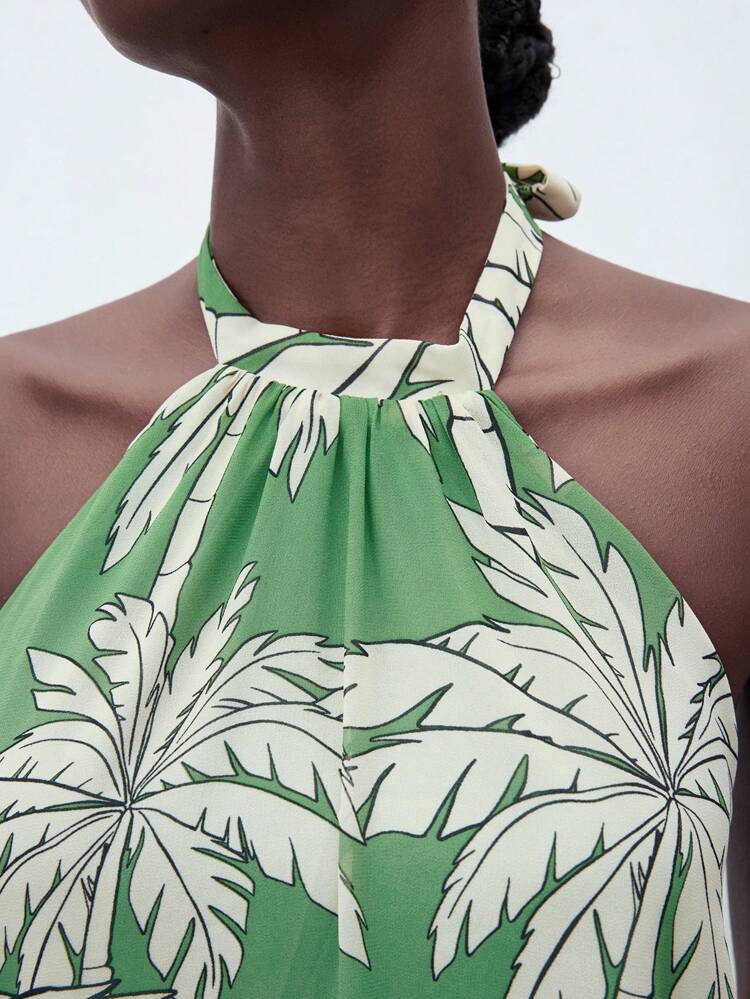 SHEIN Maija Summer 2025 New Sage Green Tropical Rainforest Palm Tree Print Halter Neck Tie Dress, Fashion Casual Chic Urban Elegant Romantic Business Casual Versatile For Office, Party, Beach, Resort, Music Festival, Wedding Guest, Brunch