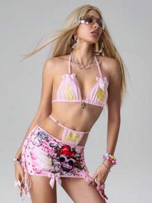 ROMWE Avant Conjunto de 2 piezas de top de bikini estilo retro Y2K Babe Punk + falda de vendaje con estampado de calavera, atuendo para rave - Rosa - Ver 5