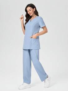 TaskEZ 2 Pieces Women's /Nurse Scrub Uniform Set: Long Top & Pants - Dusty Blue - View 4