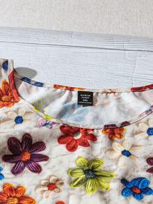 Linhara Women's Plus Simple Casual Round Neck Double-Layer Lotus Leaf Sleeve Full-Paved Single Three-Dimensional Pattern Printed Flower Floral Blouse Going Out Tops Vacation Summer - Multicolor - View 3