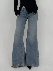 DAZY 女士低腰喇叭牛仔裤，休闲性感纯色简约风格牛仔裤 - 淺色水洗藍 - 查看 2