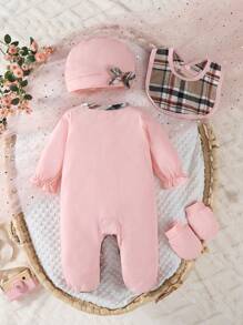 4pcs Newborn Baby Girls' Set With Long Sleeve Footed Romper, Hat, Bib, And Mittens, Plaid Pattern Cute Outfit,Cotton, Check Fall Winter - Pink - View 2
