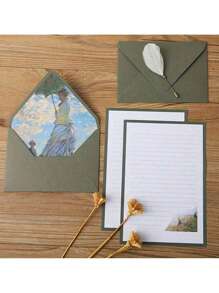 SHEIN 16 Green Set Of Oil Painting Envelopes Containing 6 Envelopes And 10 Pieces Of Writing Stationery For Making Invitations And Greeting Cards Gift Greeting Cards Writing Letters New Year's Gifts