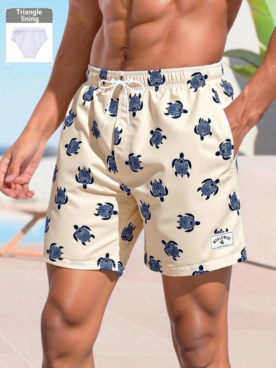 Surfspeed Men's Leisure Turtle Print Beach Shorts, Hawaiian Men Swim Trunks Funny Beach Wear Men Beach Shorts - Beige - View 1