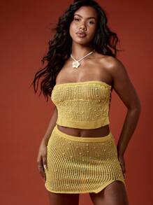 MISSGUIDED Conjunto de dos piezas de verano de punto para playa, festival, minifalda cubretraje, conjunto de ropa de resort, tejido a ganchillo para vacaciones y uso en la piscina - Amarillo - Ver 5