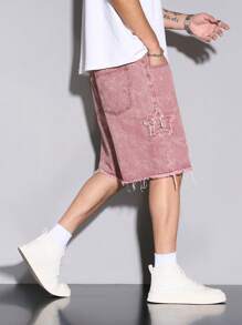 Manfinity EMRG Men's Loose Fit Distressed Five-Pointed Star Pocket Denim Shorts Pink Denim Shorts