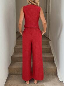 Easowa 2 件套女士蓝色背心马甲和长裤（带口袋）套装，春夏