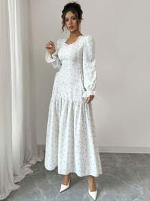 Modelyn 女式甜心领灯笼袖碎花优雅长袖连衣裙 - 杏色 - 查看 3