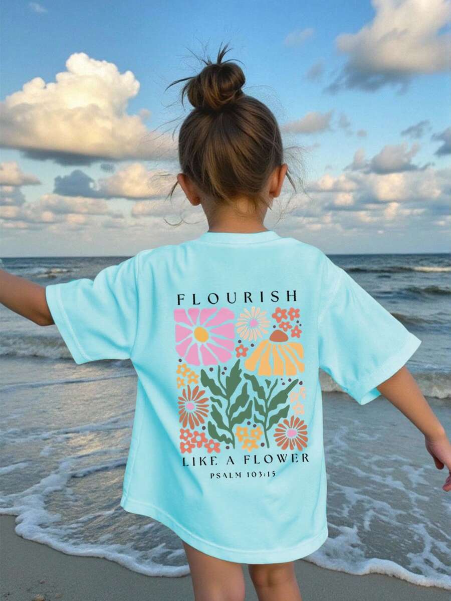 年轻女孩休闲时尚舒适花卉植物印花短袖圆领 T 恤,夏季 - 藍色 - 查看 1