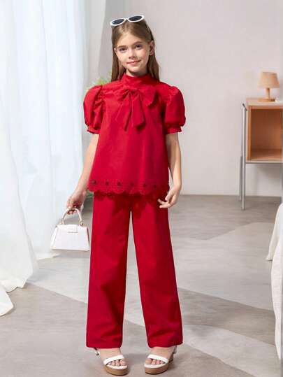Tween Girls Summer Embroidered Solid Coloured Mock Neck Puff Sleeve Crop Top And Relaxed Fit Wide Leg Pants Set