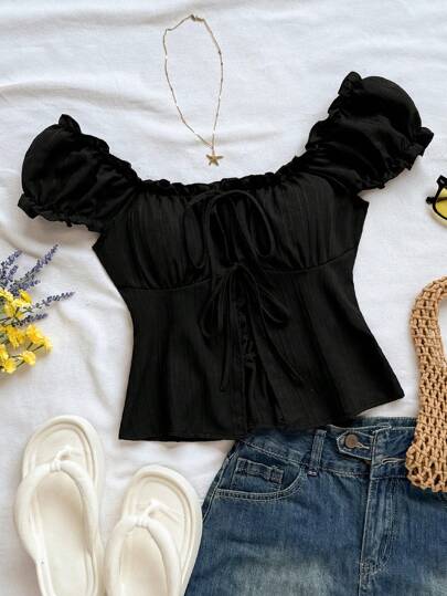 Soleia 荷叶边休闲度假年轻纹理系带衬衫