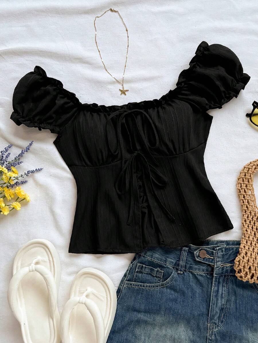 Soleia Ruffled Trim Casual Vacation Young Textured Tied Blouse Black Off Shoulder Top Black Summer Top Cute Black Top Black Tie Front Top Ruffle Top - Black - View 1