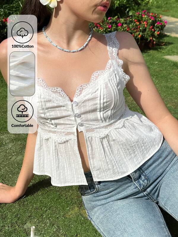 SHEIN EZwear 100% Cotton White Lace Trim Buttoned Design Camisole For Women,Going Out Tops Women,Cute Summer Tops,Hawaii Outfits Women,Ibiza Outfit