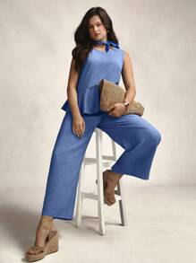 Zelara Plus-Size Women'S Summer Blue Mother's Day Crew Neck Sleeveless Top + High-Waisted Slacks Nautical Casual For Women 2-Piece Set - Blue - View 5