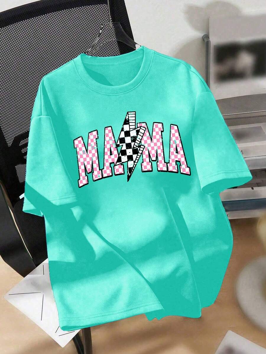 INAWLY 夏季大码女式字母闪电图案短袖T恤 - 薄荷綠 - 查看 1