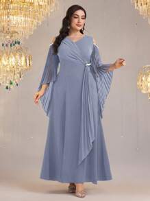 Modelyn Vestido sólido minimalista de talla grande con puño de manga de talla grande para mujer - Azul - Ver 5