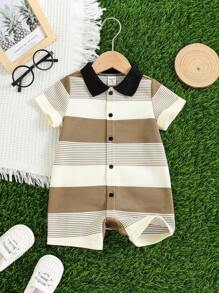 SHEIN Pelele de manga corta con rayas tejido adorable para bebé recién nacido niño, adecuado para fiesta de cumpleaños, fiesta de noche, actuación, boda, celebración del mes, bautizo y baby shower del primer cumpleaños, verano