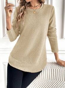 SHEIN LUNE Áo nỉ lông cừu viền cong màu trơn thường ngày cho nữ, mùa thu/đông - Màu be - Xem 5