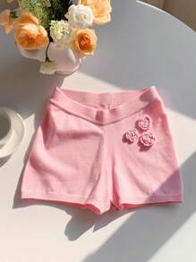 Comfortcana Solid Color Sweater With 3D Flower Decor And Shorts - Pink - View 1