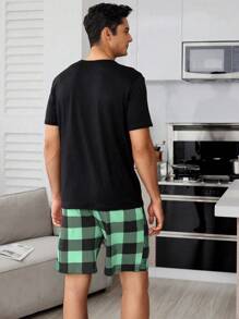 2pcs Plaid Print Men Sleepwear Pajama Set - Black - View 2