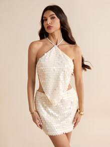 SHEIN Tall Tank Top Wanita Warna Polos dengan Hem Asimetris dan Payet, Model Halter Tanpa Punggung, untuk Wanita Tinggi - Krem - View 5