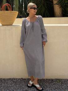 Livesso 秋季女士纯色宽松长袖露背抽绳休闲度假连衣裙