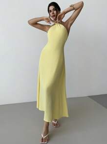 Firerie Vestido Longo Maxi Feminino Elegante de Férias, Festa, Festa, Encontro Romântico, Moda, Decote Halter, Costas Descobertas, Solto, Amarelo - Luz amarela - Visão 7