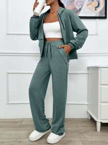 EURMUSE TWO PIECES TWO THREAD LIGHT GREY HOODIE SWEATSHIRT AND SWEATPANT WITH SPARKLE STONE DETAIL - Mint Green - View 4