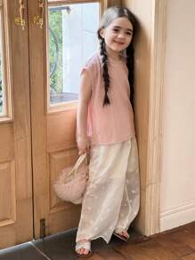 DAZY 2 Stücke Set für Kleine Mädchen mit Rundhalspullover und weiter Hose mit Spitzendetails, Mädchen Sommer Outfit - Altrosa - Übersicht 3