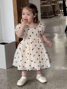 Hapijoa Toddler Girls' Cute Puff Sleeve Polka Dot Mid-Length Party Dress