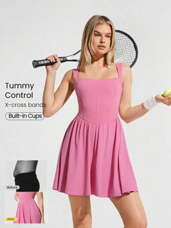 GLOWMODE FeatherFit™-Air Spiel an Schweißableitend schnell trocknendes Peekaboo Vollunterrock Korsett Kleid mit eingebauten Shorts Seitentaschen rutschfeste Griffe Niedrig Auswirkungen Tennis Golf Pickleball Alltags tragen Abnehmbare Cups