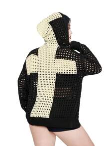Whyspr Cárdigan con capucha tejido de estilo retro punk Y2K para mujer de talla grande, adecuado para vacaciones y uso casual - Blanco y Negro - Ver 6