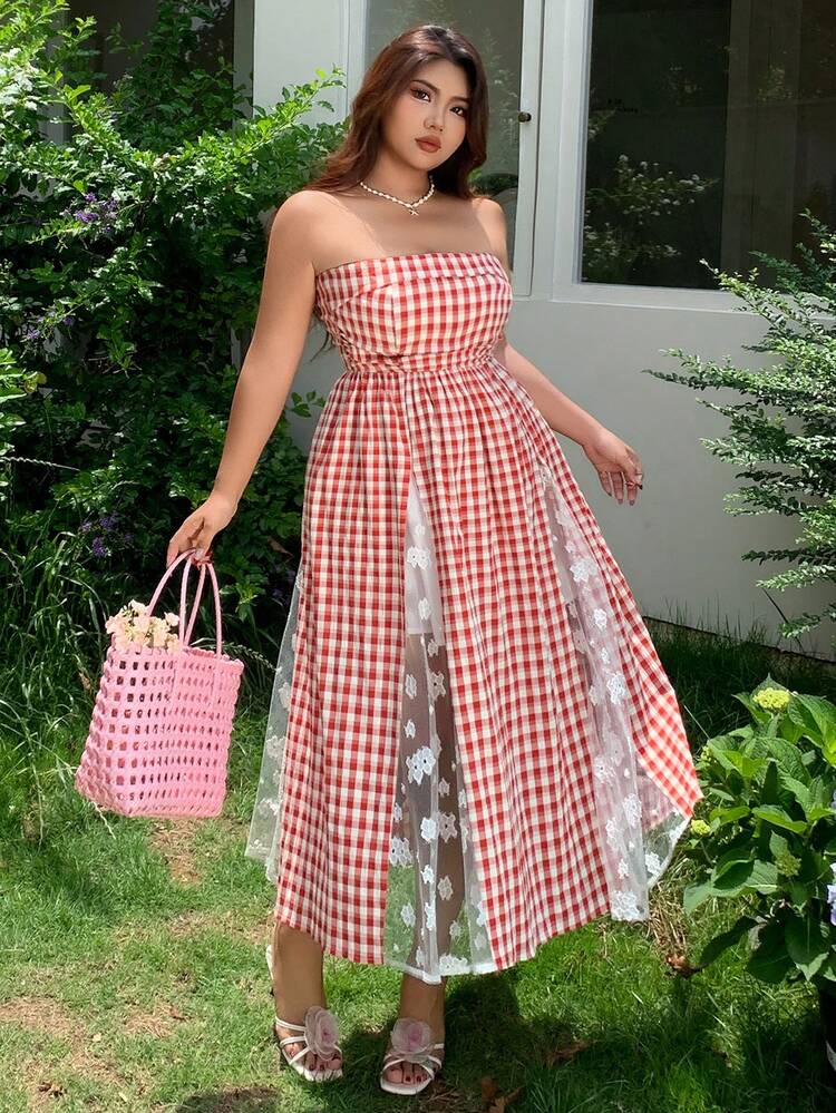 Dazy Plus Plaid Contrast Lace Vacation Style Strapless Dress